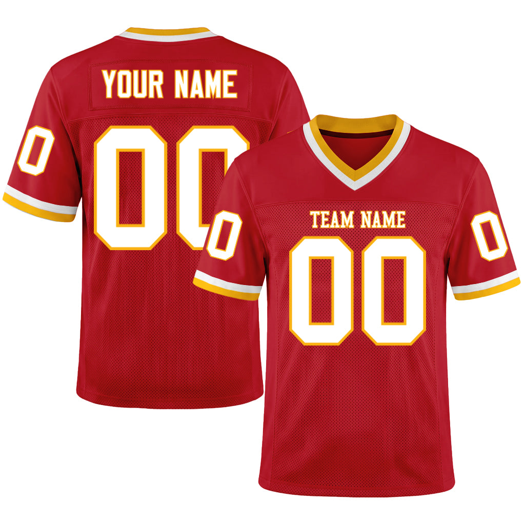 Custom Red White-Gold Mesh Football Jersey