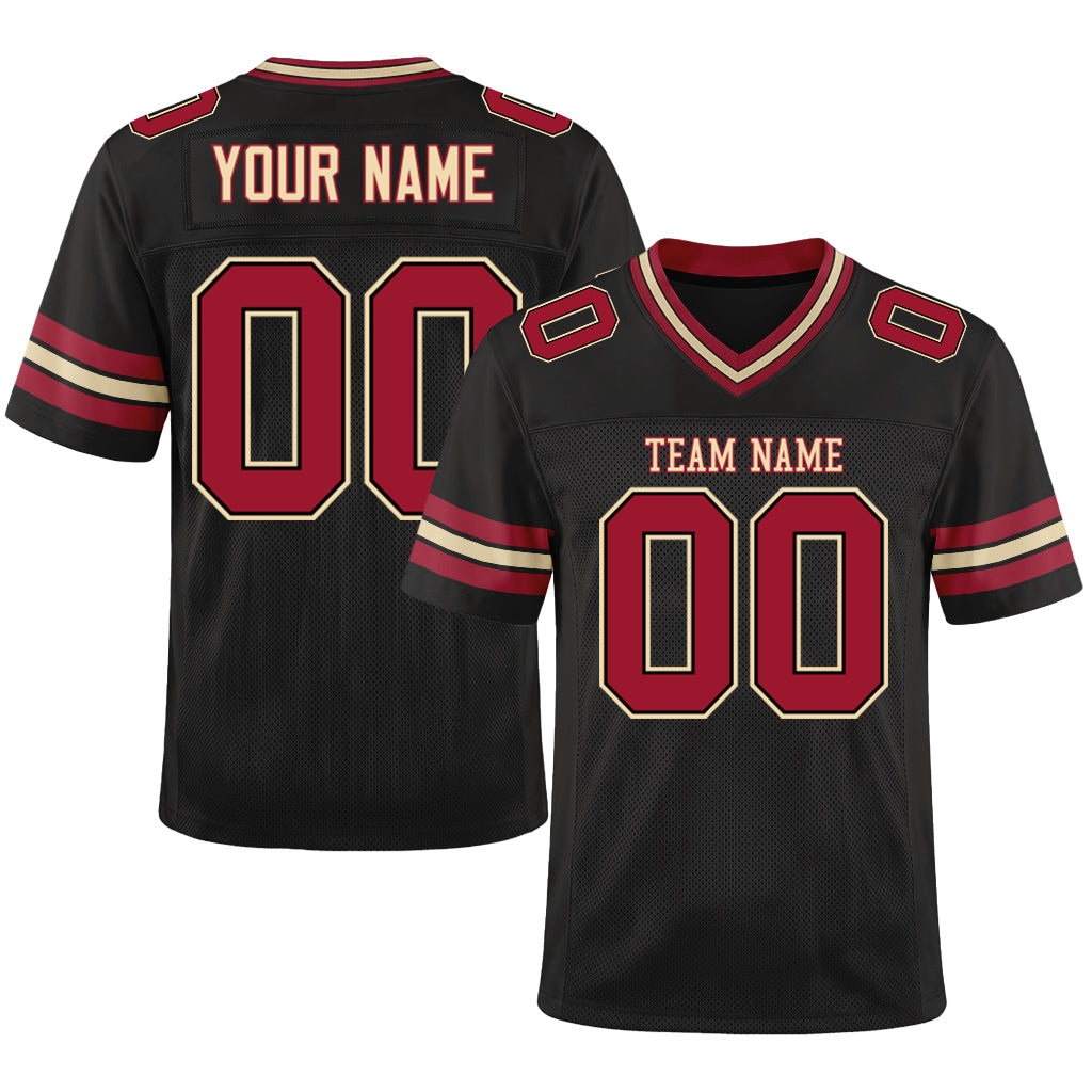 Custom Black Crimson-City Cream Mesh Football Jersey