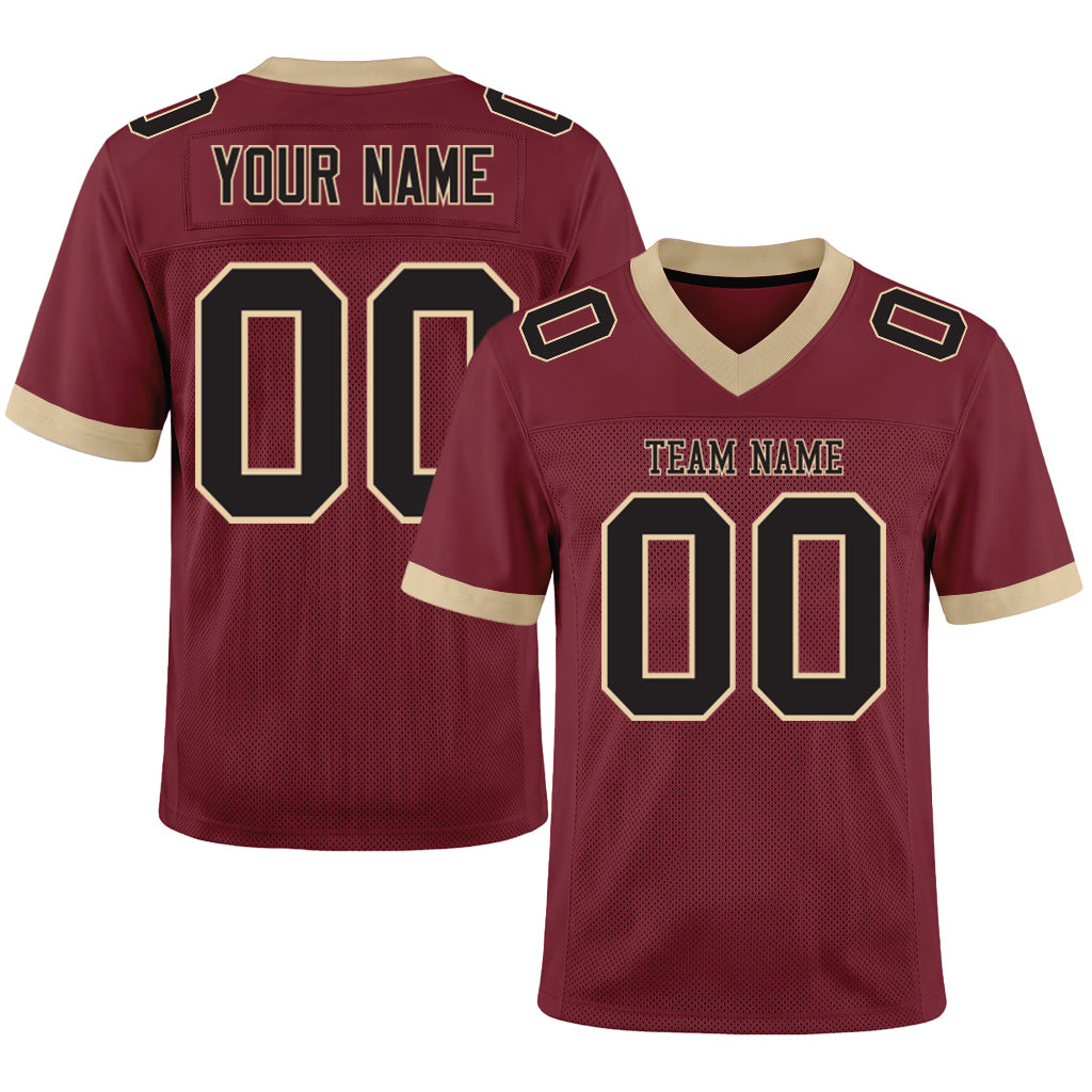 Custom Burgundy Black-Cream Mesh Football Jersey