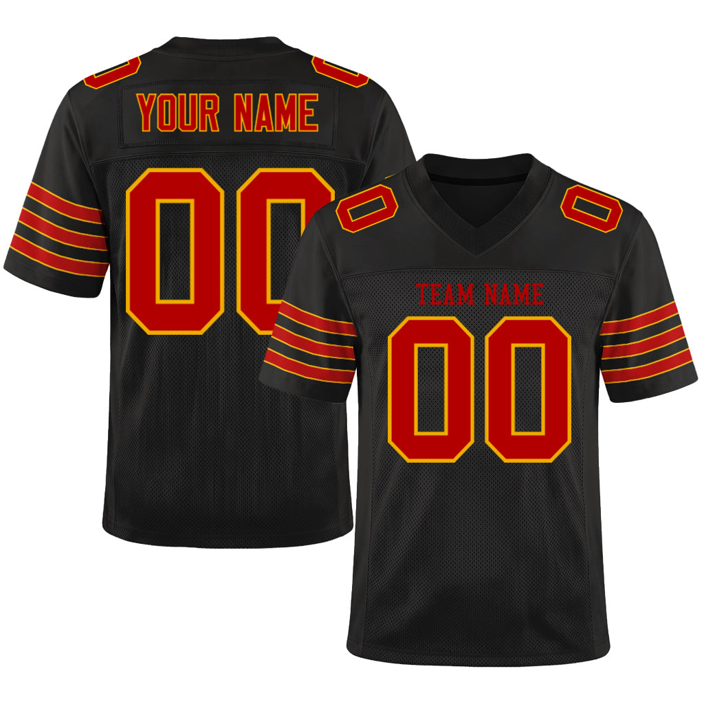 Custom Black Scarlet-Gold Custom Name Mesh Football Jersey
