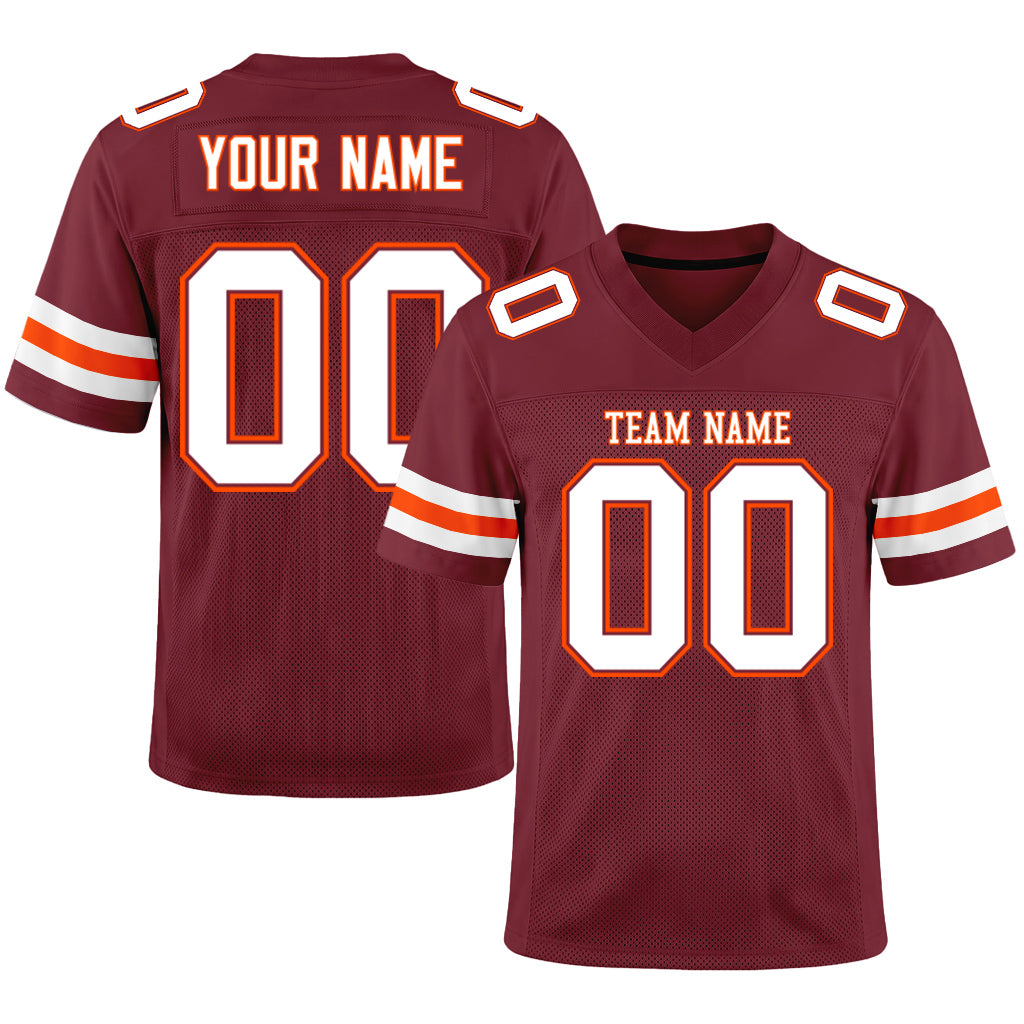 Custom Burgundy White-Orange Mesh Football Jersey