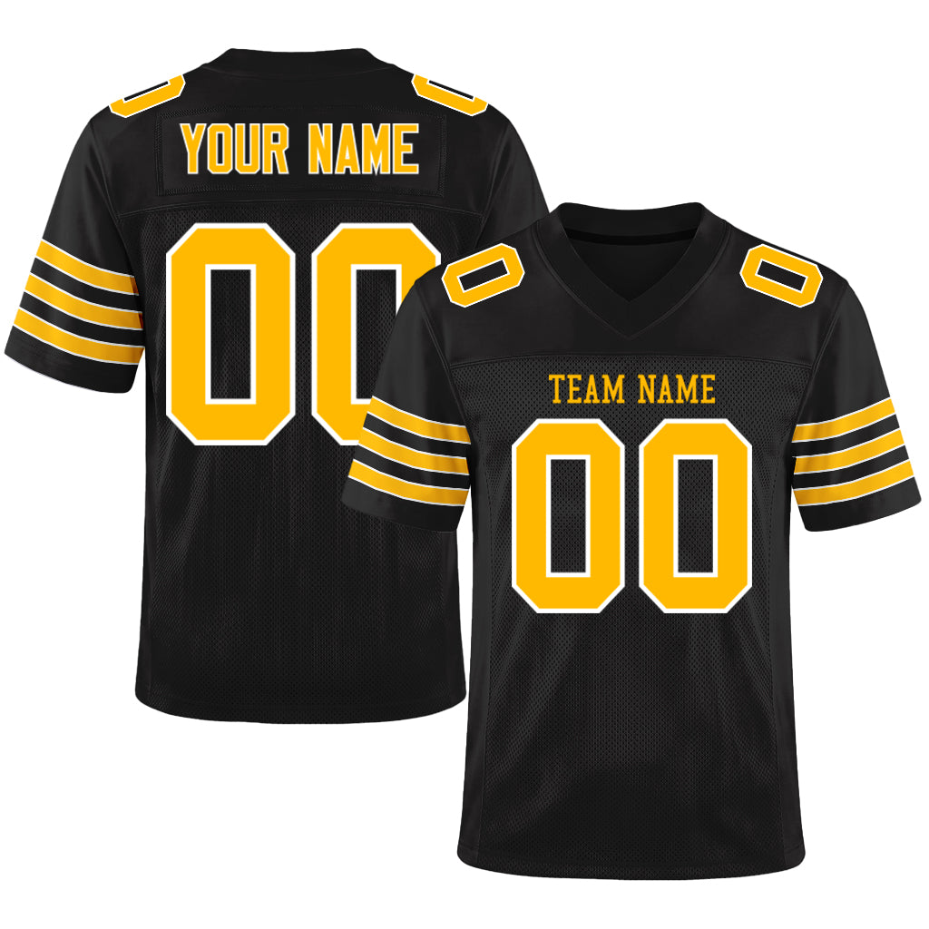 Custom Black Gold-White Mesh Football Jersey