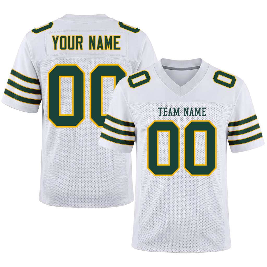Custom White Green-Gold Custom Name Football Jerseys For Men & Women