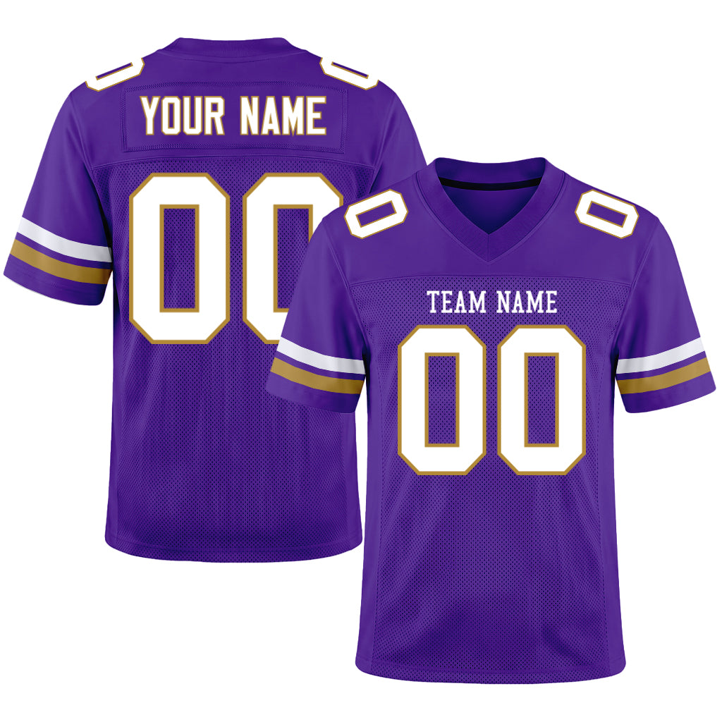 Custom Purple White-Old Gold Mesh Football Jersey