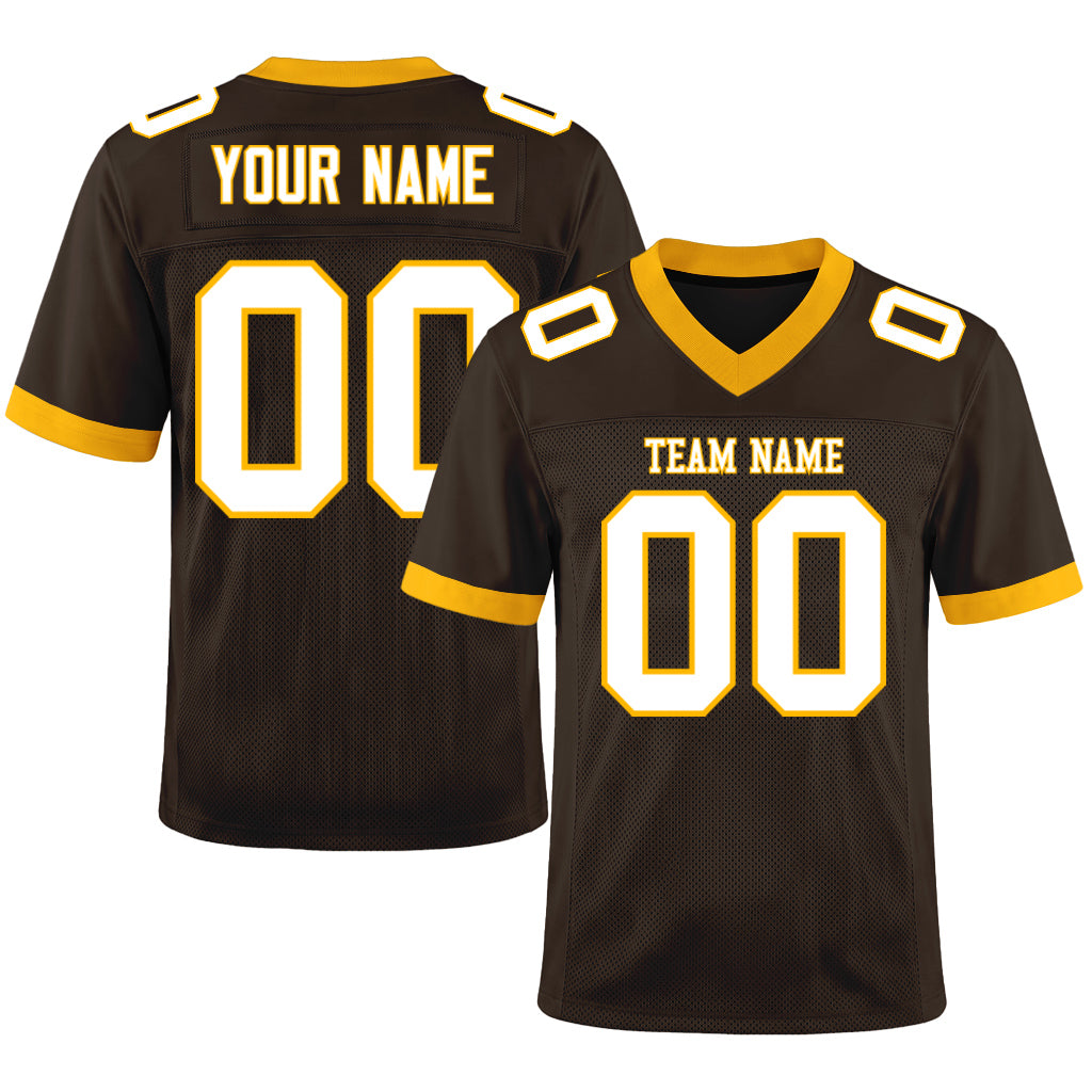 Custom Brown White-Gold Mesh Football Jersey