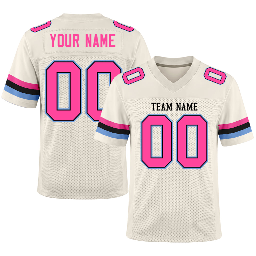 Custom Cream Pink Black-Light Blue Mesh Football Jersey