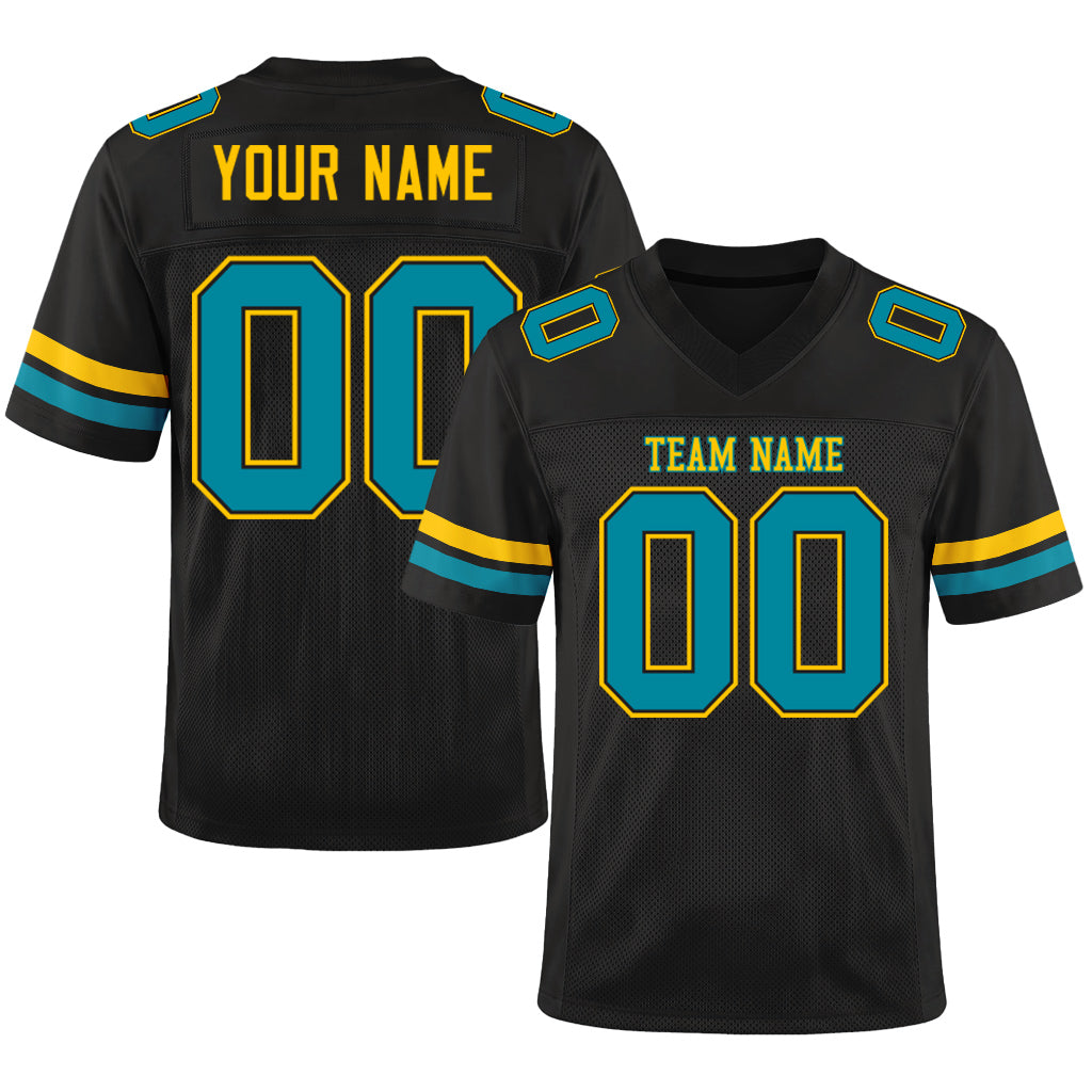 Custom Black Teal-Gold Mesh Football Jersey