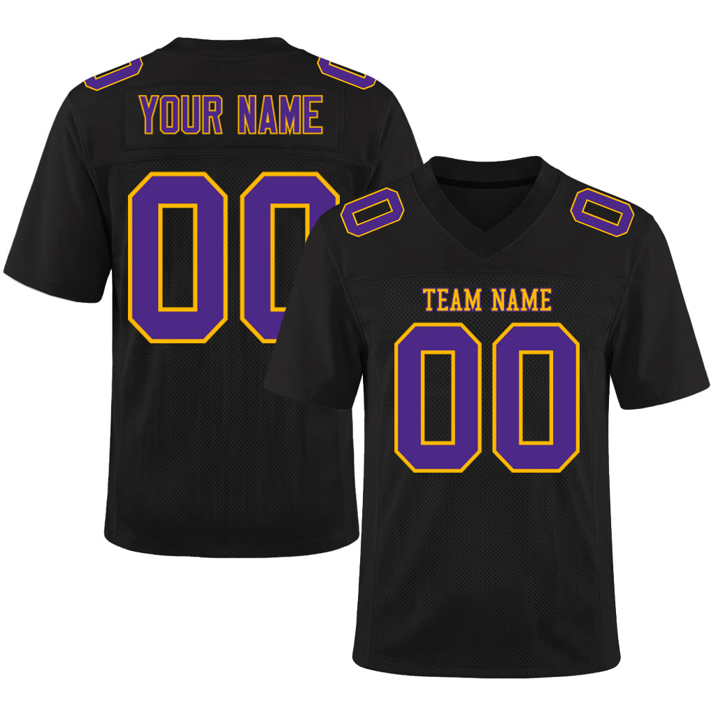 Custom Black Purple-Gold Mesh Football Jersey