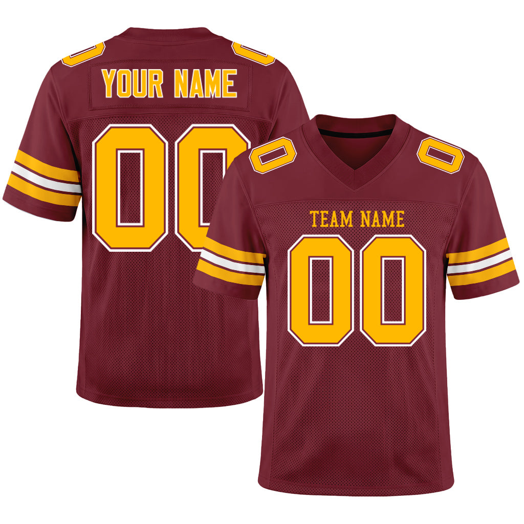 Custom Burgundy Gold-White Mesh Football Jersey