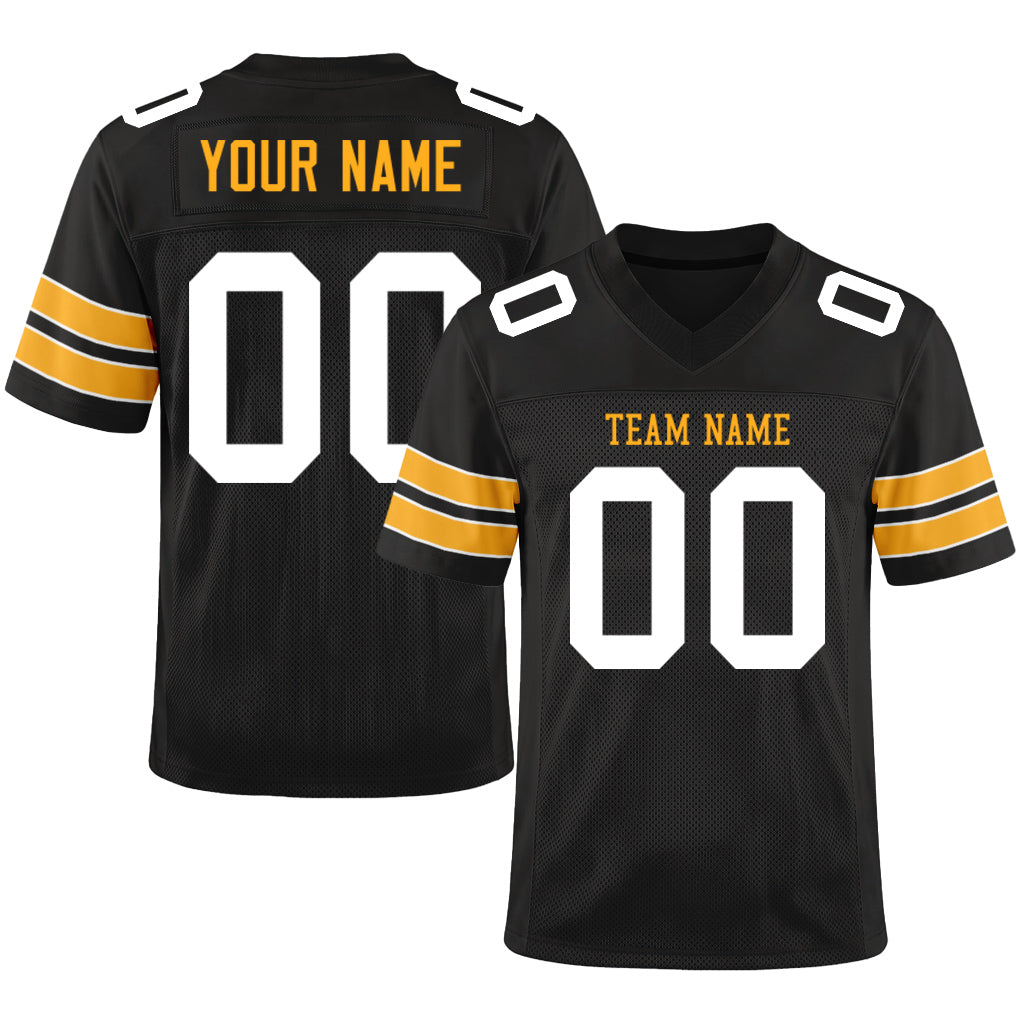 Custom Black White-Gold Mesh Football Jersey