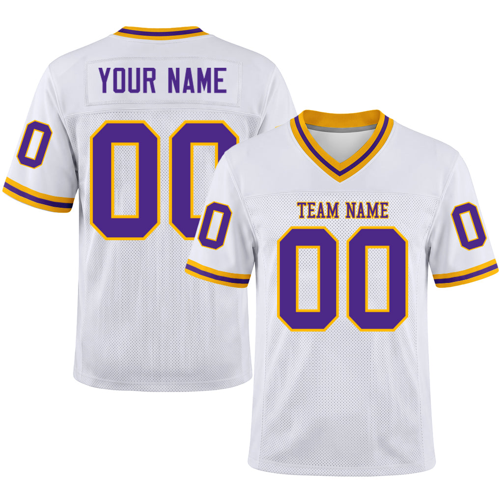 Custom White Purple-Gold Mesh Football Jersey