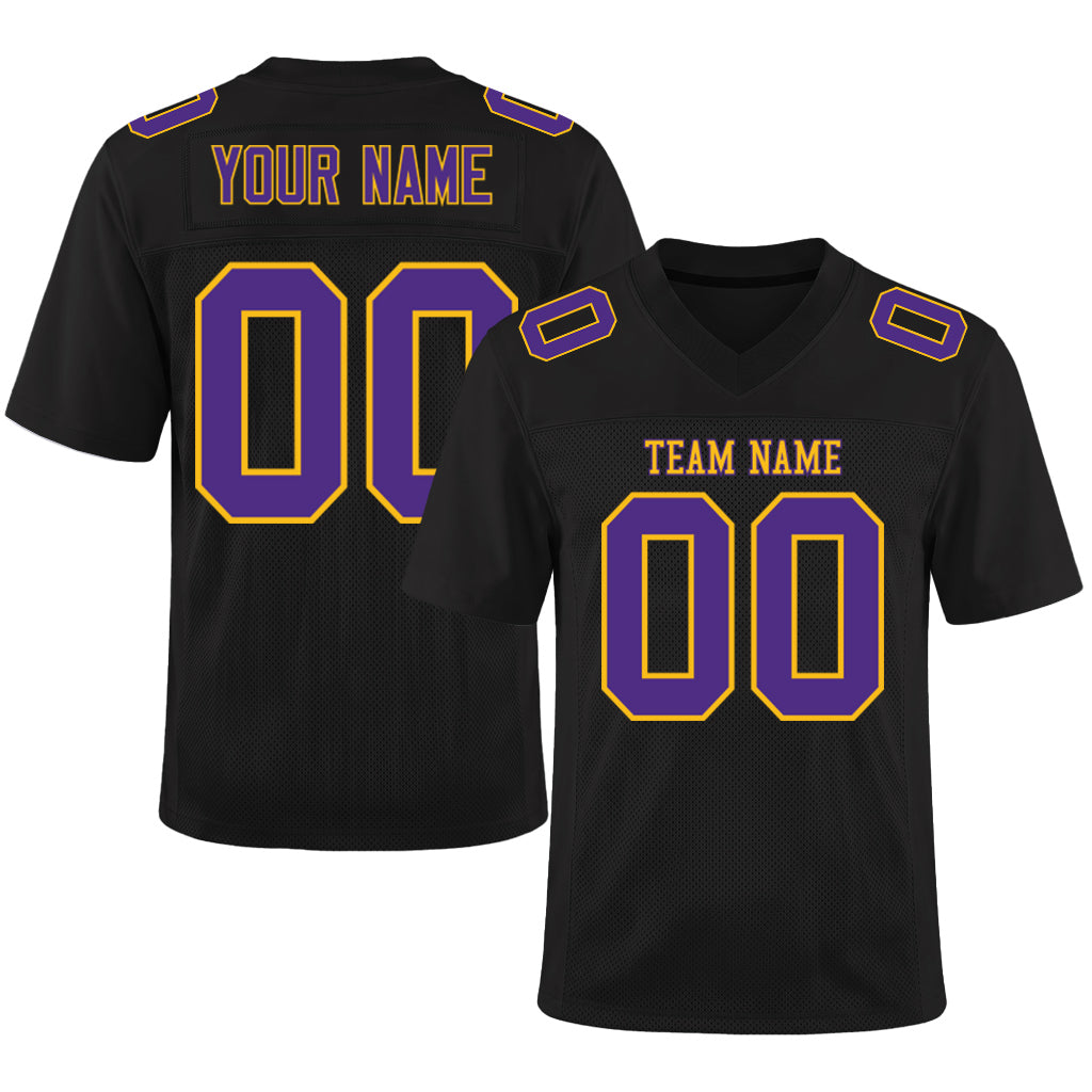 Custom Black Purple-Gold Mesh Football Jersey