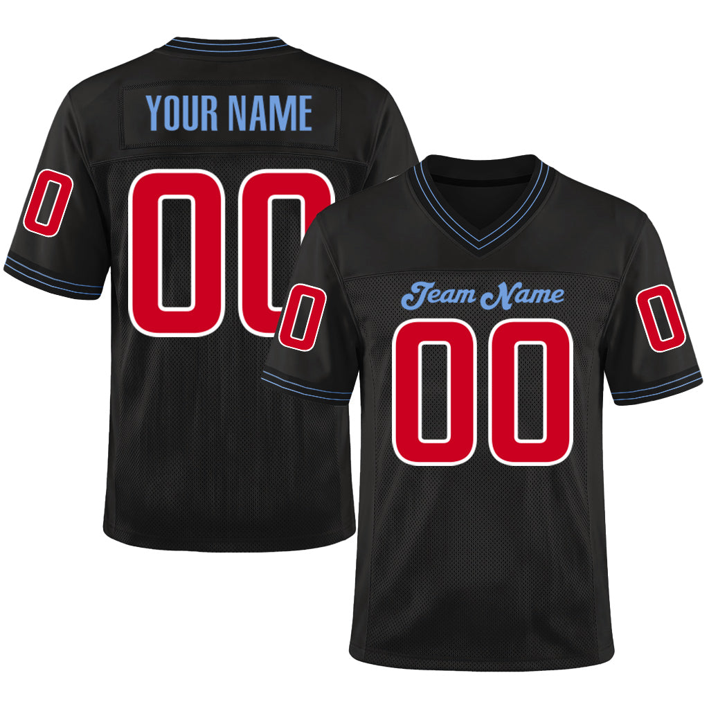 Custom Black Red-Light Blue Mesh Throwback Mesh Football Jersey