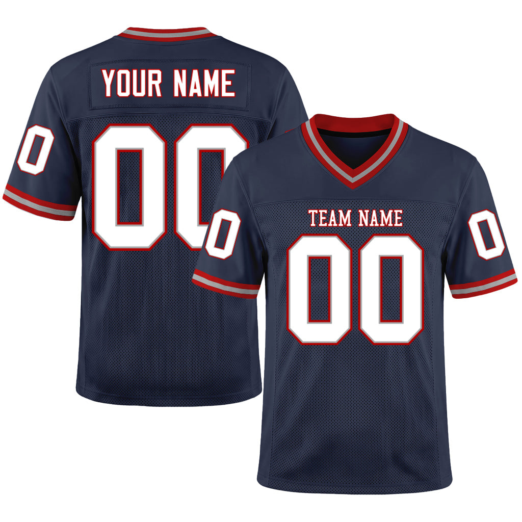 Custom Navy White-Red Mesh Football Jersey