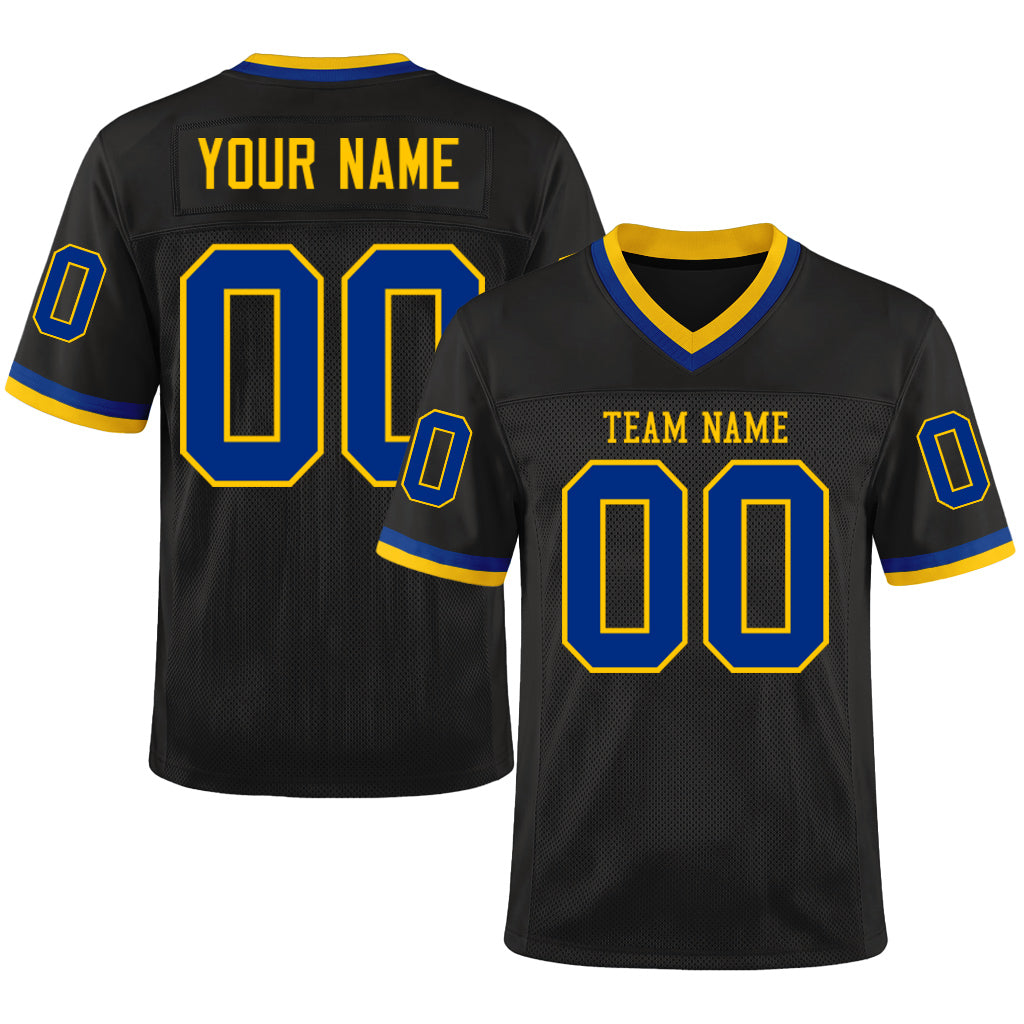 Custom Black Royal-Gold Mesh Throwback Mesh Football Jersey