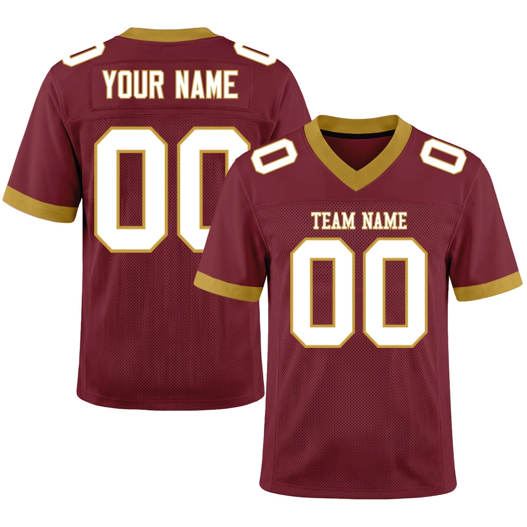 Custom Burgundy White-Old Gold Mesh Football Jersey