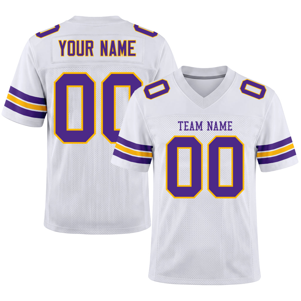 Custom White Purple-Gold Mesh Football Jersey