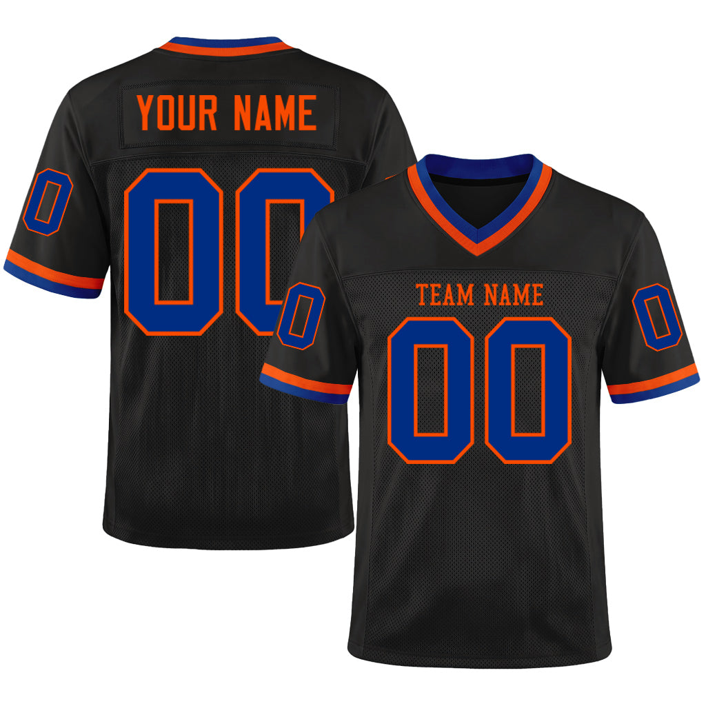 Custom Black Royal-Orange Mesh Throwback Mesh Football Jersey