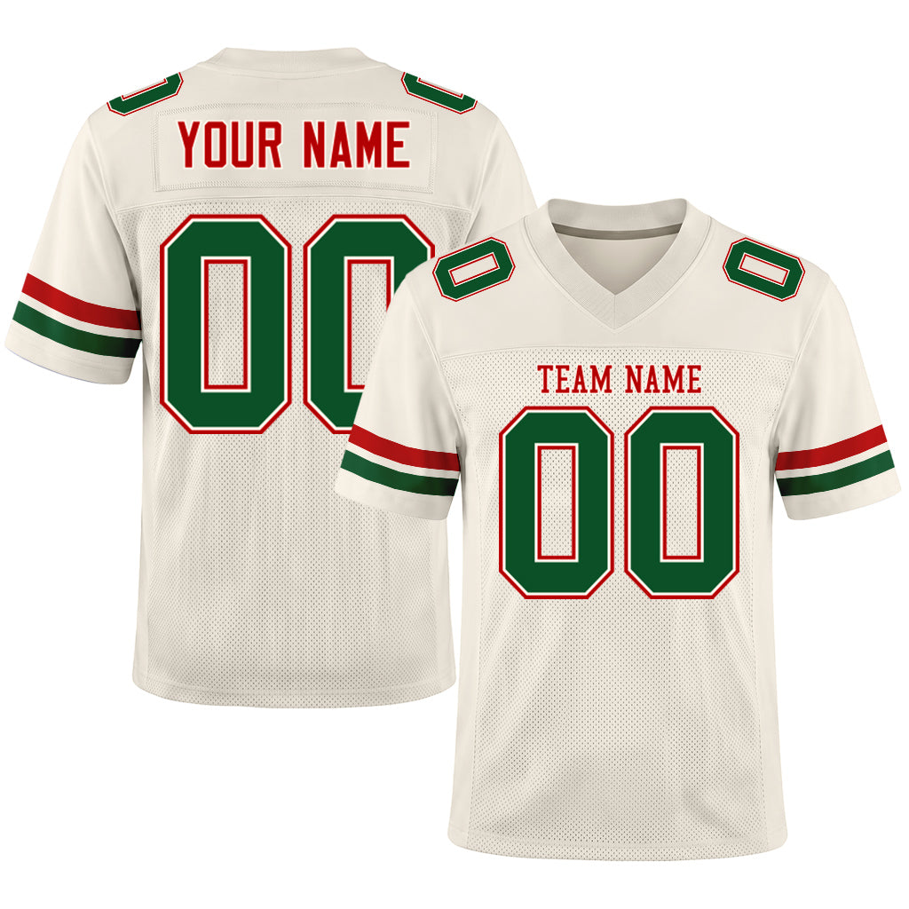 Custom Cream Kelly Green-Red Mesh Football Jersey