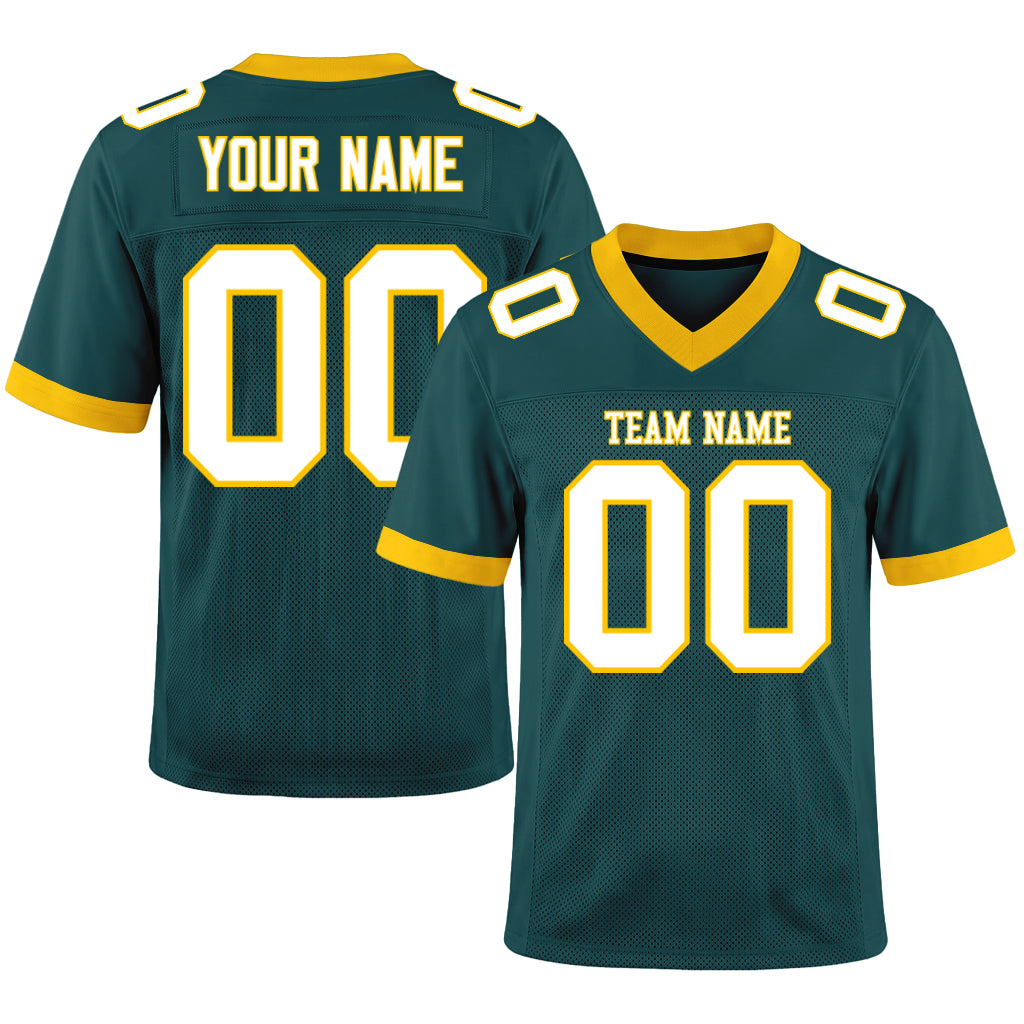 Custom Midnight Green White-Gold Mesh Football Jersey