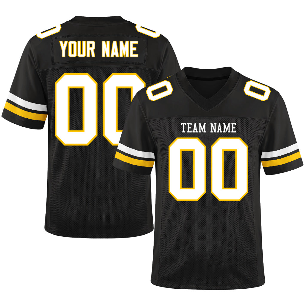 Custom Black White-Gold Mesh Football Jersey