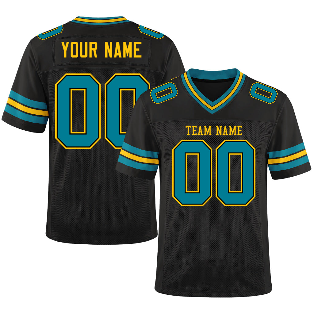 Custom Black Teal-Yellow Custom Name Mesh Football Jersey