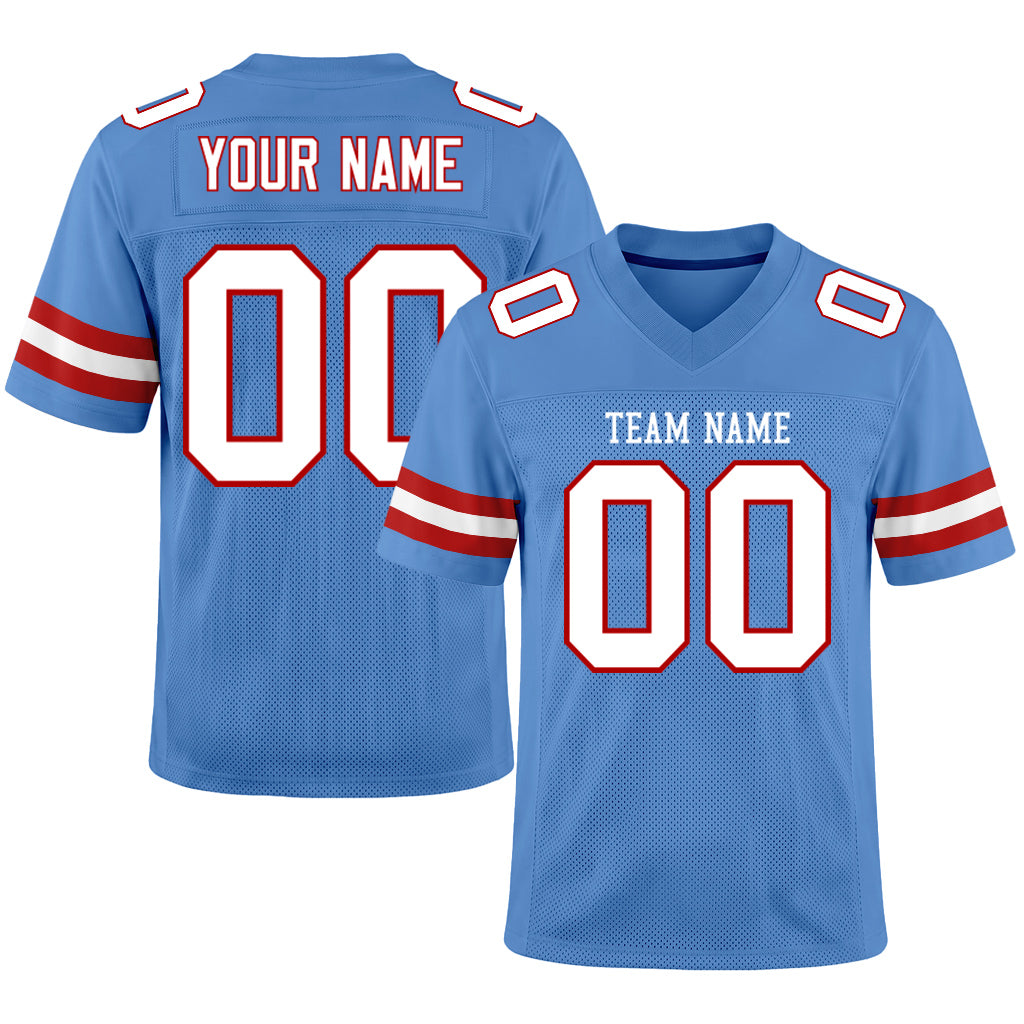 Custom Light Blue White-Red Mesh Football Jersey