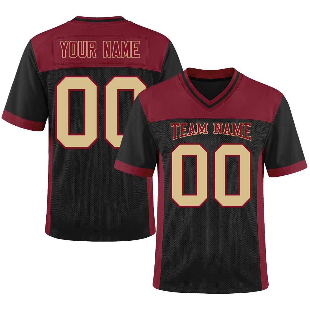 Custom Black Cream-Crimson Mesh Football Jersey