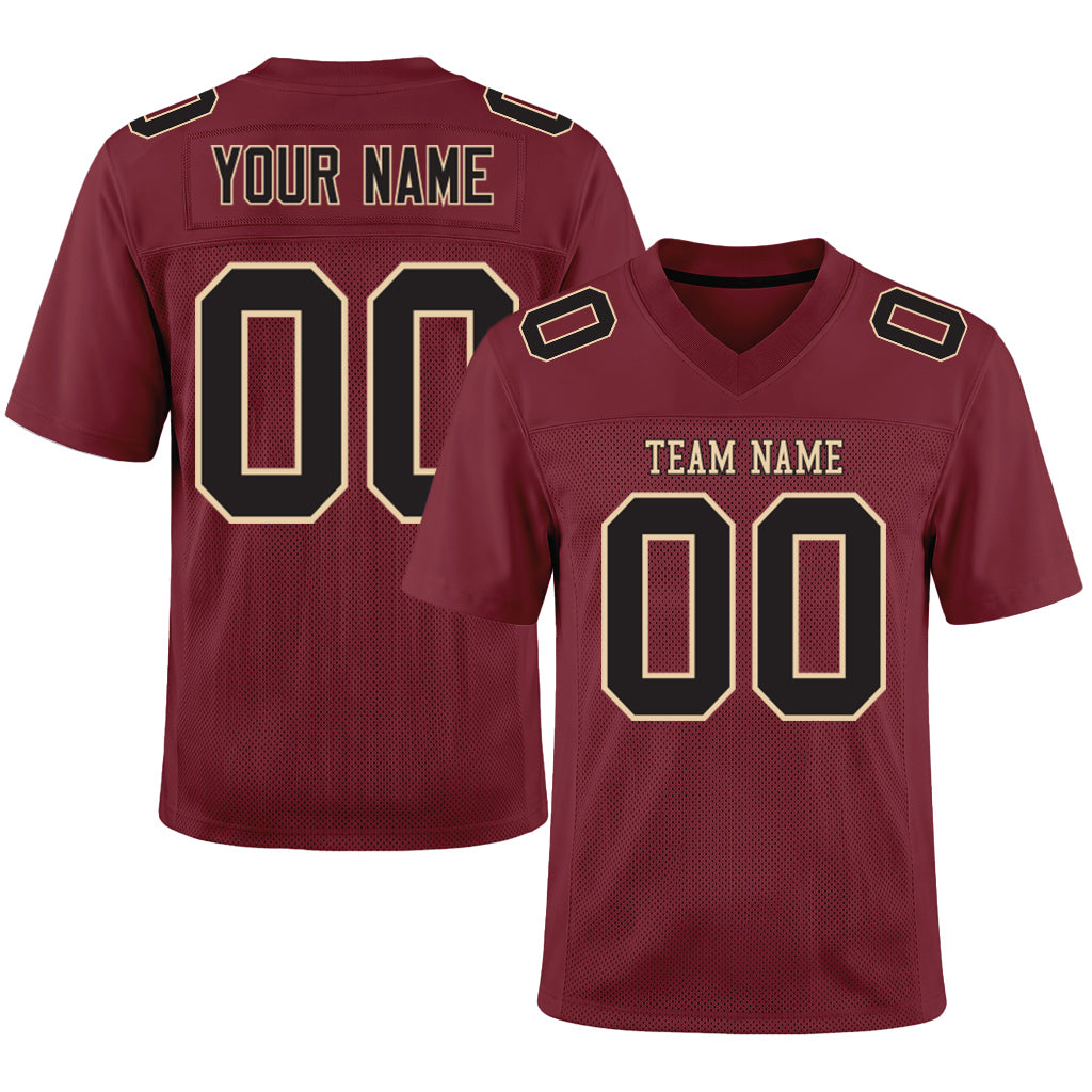 Custom Burgundy Black-Cream Mesh Football Jersey