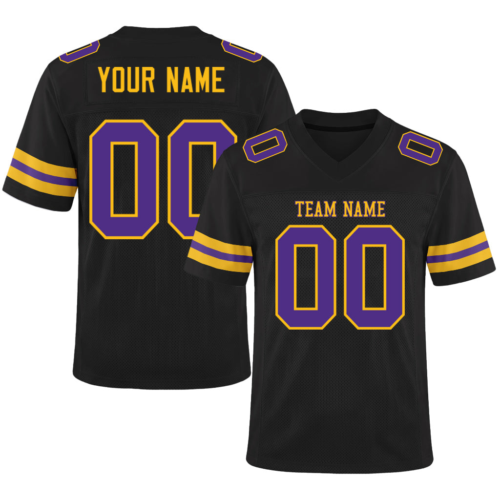 Custom Black Purple-Gold Mesh Football Jersey