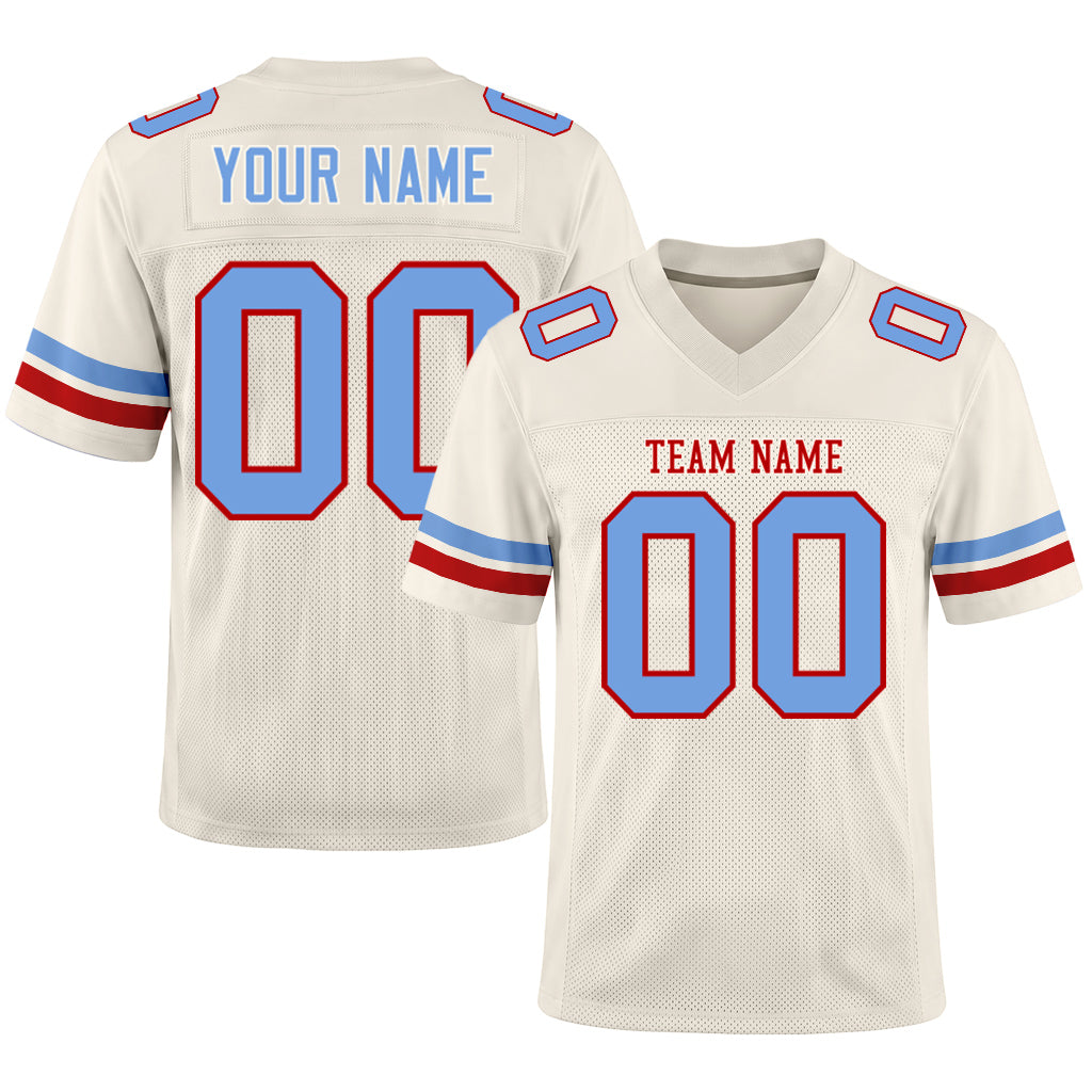 Custom Cream Light Blue-Red Mesh Football Jersey
