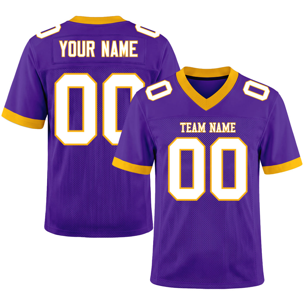 Custom Purple White-Gold Mesh Football Jersey