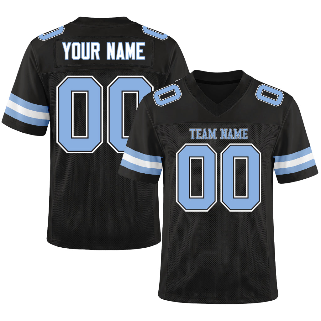 Custom Black Light Blue-White Custom Name Mesh Football Jersey