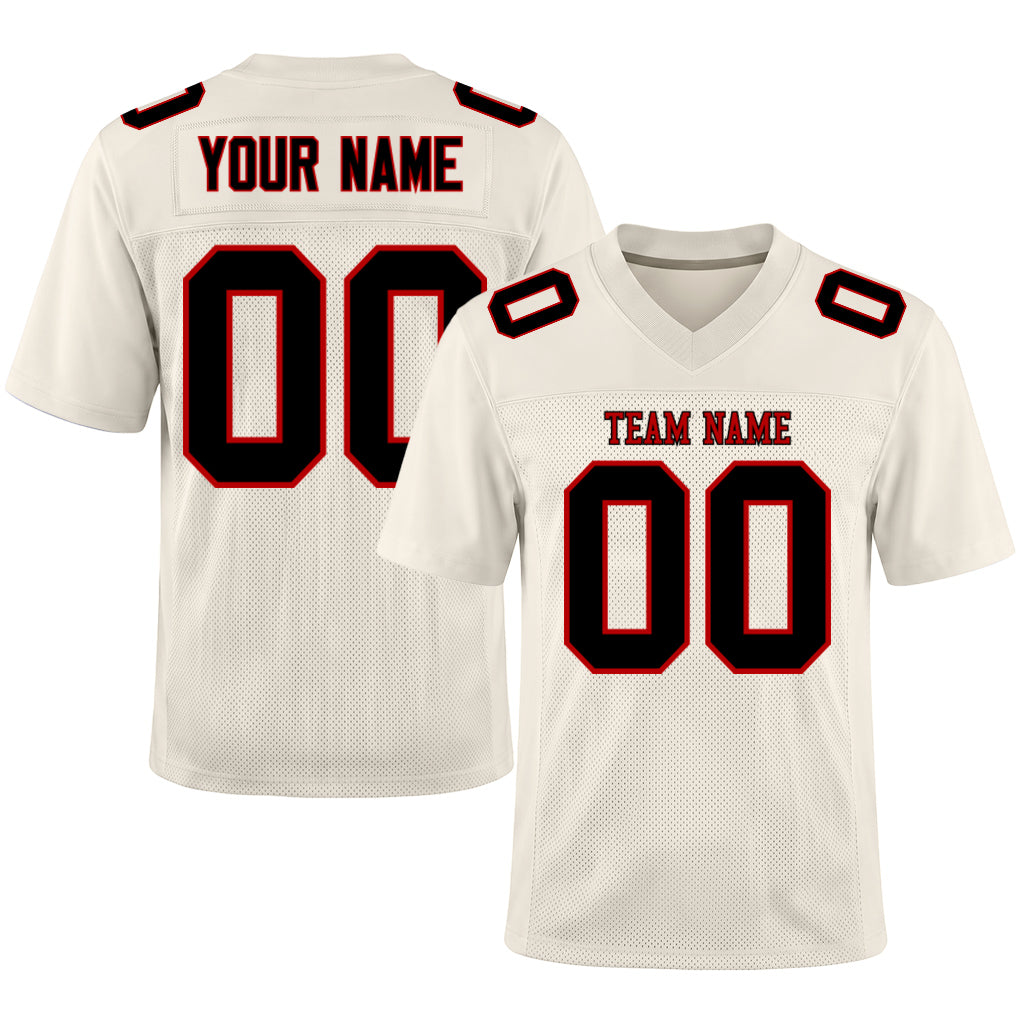 Custom Cream Black-Red Mesh Football Jersey