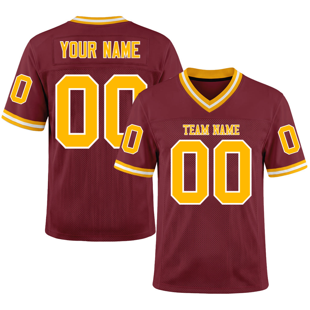 Custom Burgundy Gold-White Mesh Football Jersey