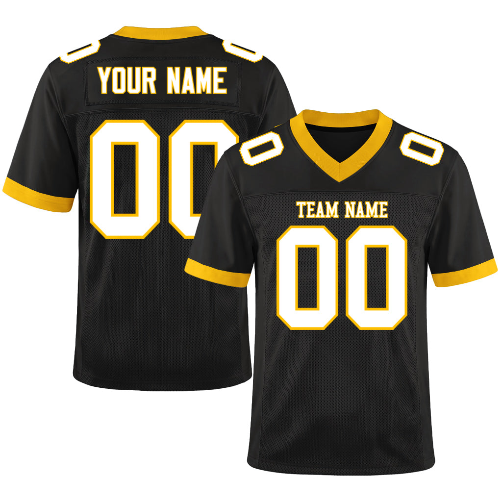 Custom Black White-Gold Mesh Football Jersey