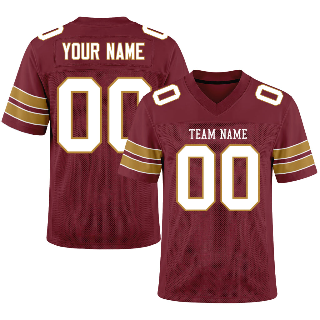 Custom Burgundy White-Old Gold Mesh Football Jersey