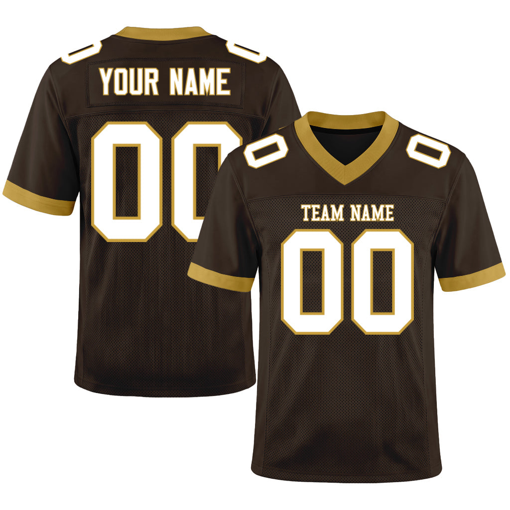 Custom Brown White-Old Gold Mesh Football Jersey