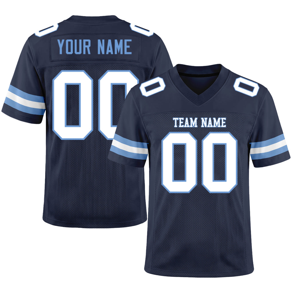 Custom Navy White-Light Blue Mesh Football Jersey