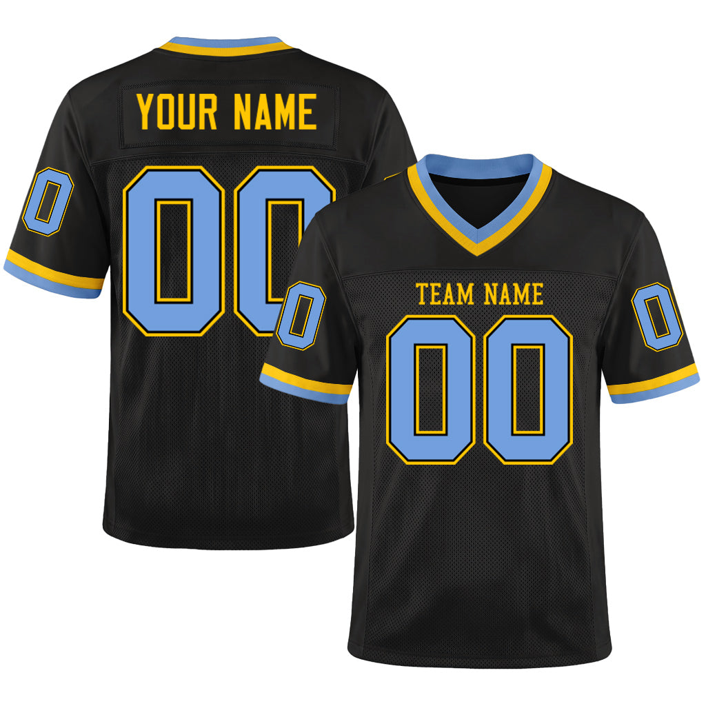Custom Black Light Blue-Gold Mesh Throwback Mesh Football Jersey