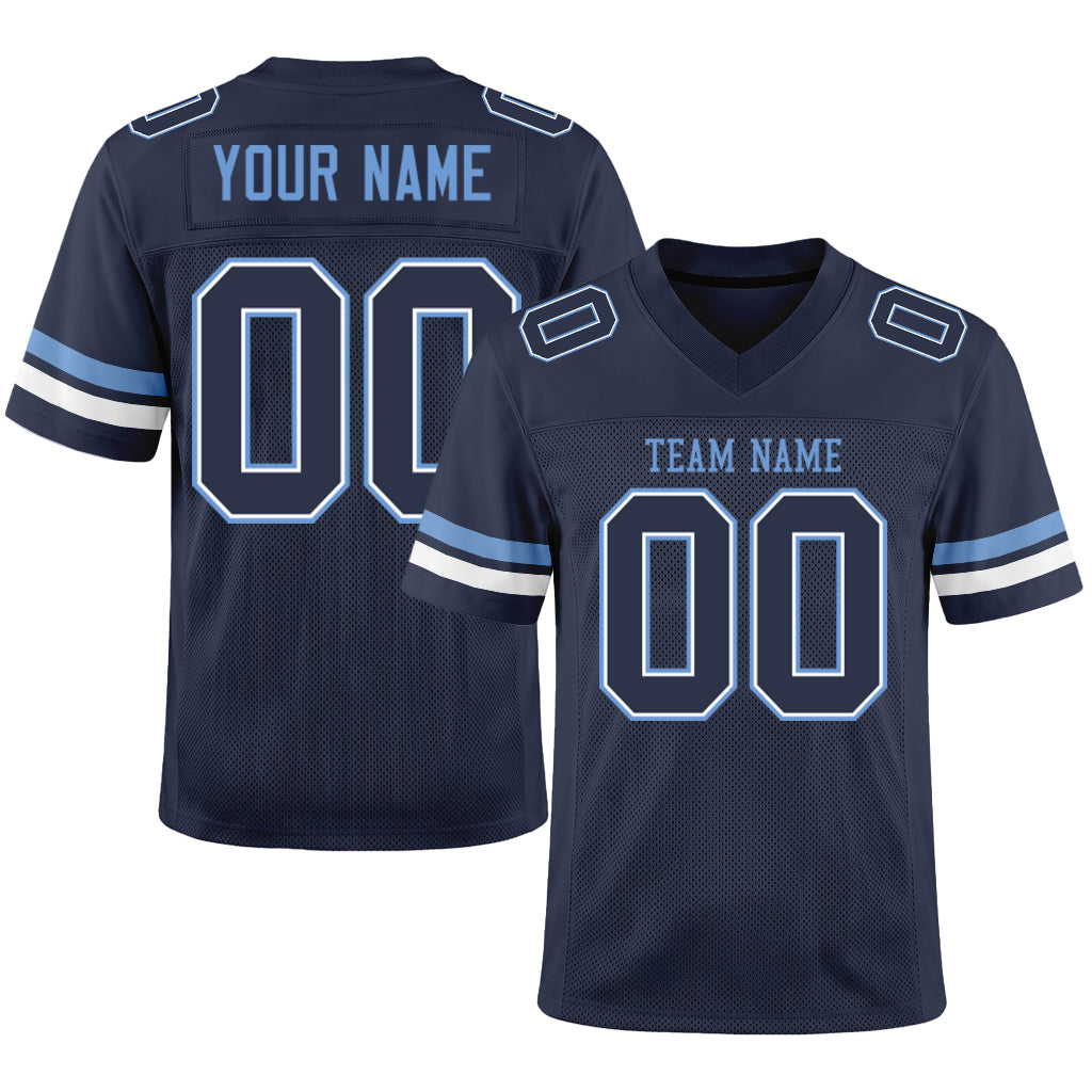 Custom Navy White-Light Blue Mesh Football Jersey