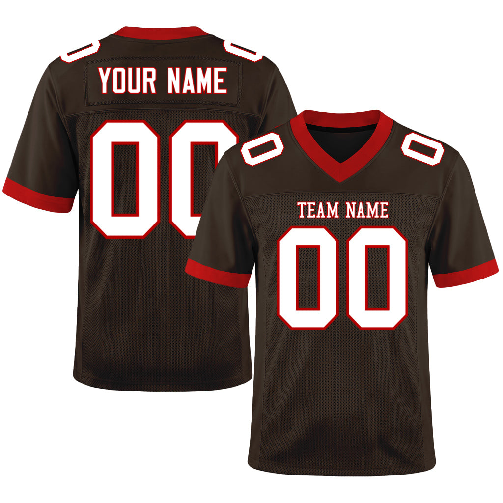 Custom Brown White-Red Mesh Football Jersey