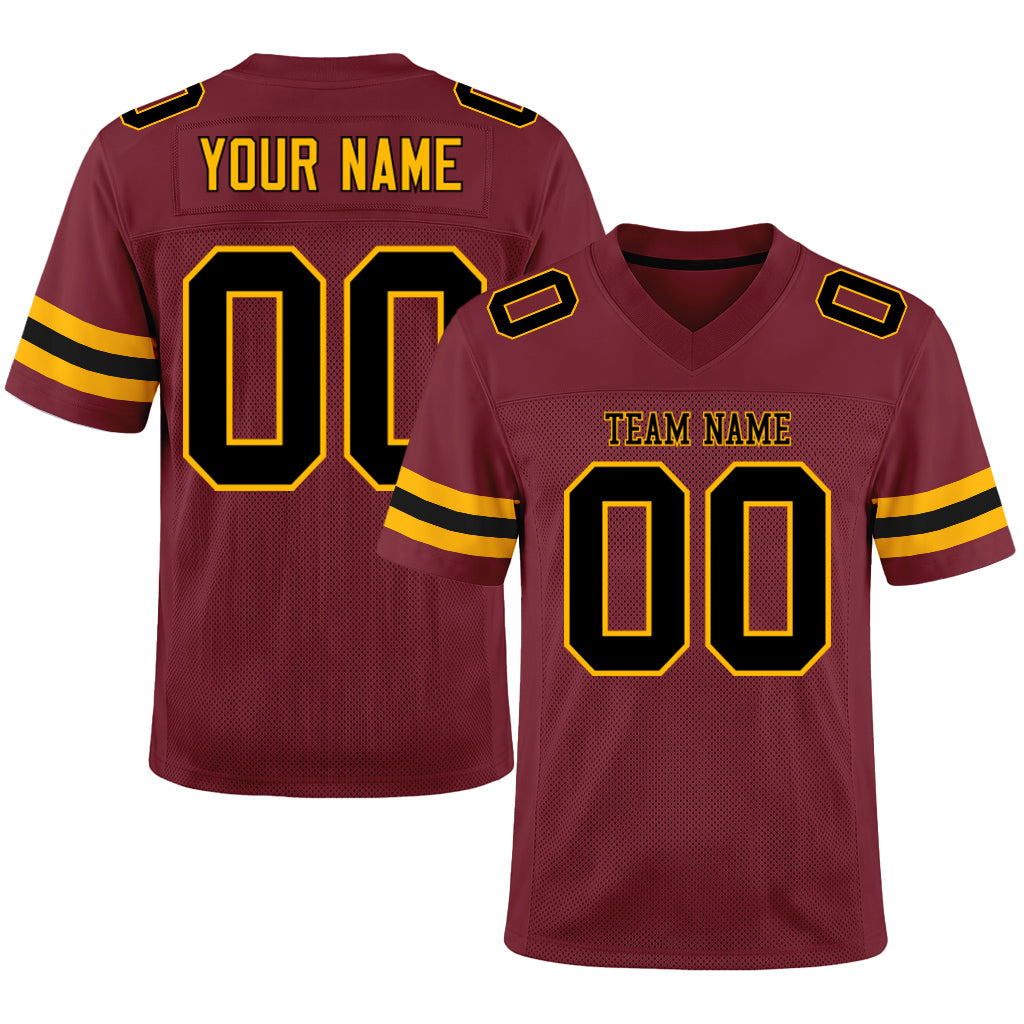 Custom Burgundy Black-Gold Mesh Football Jersey
