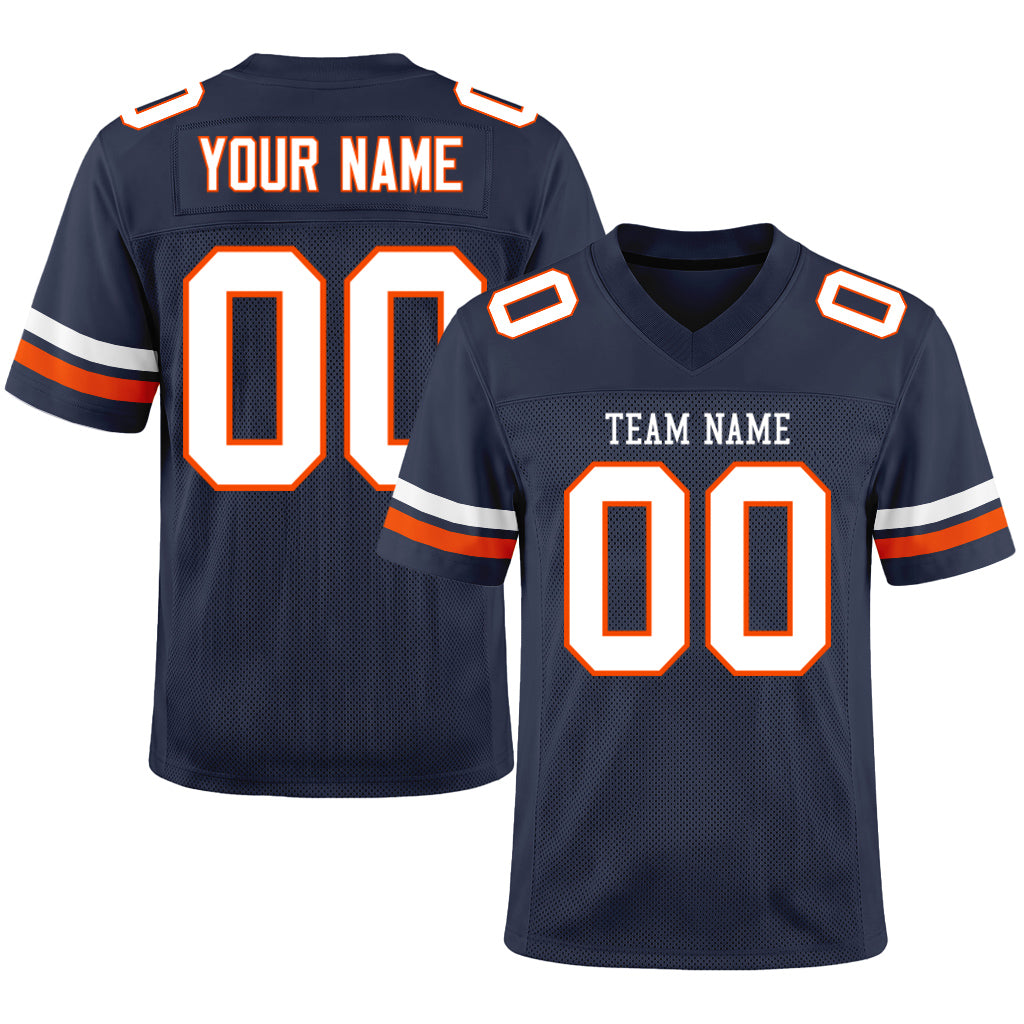 Custom Navy White-Orange Mesh Football Jersey