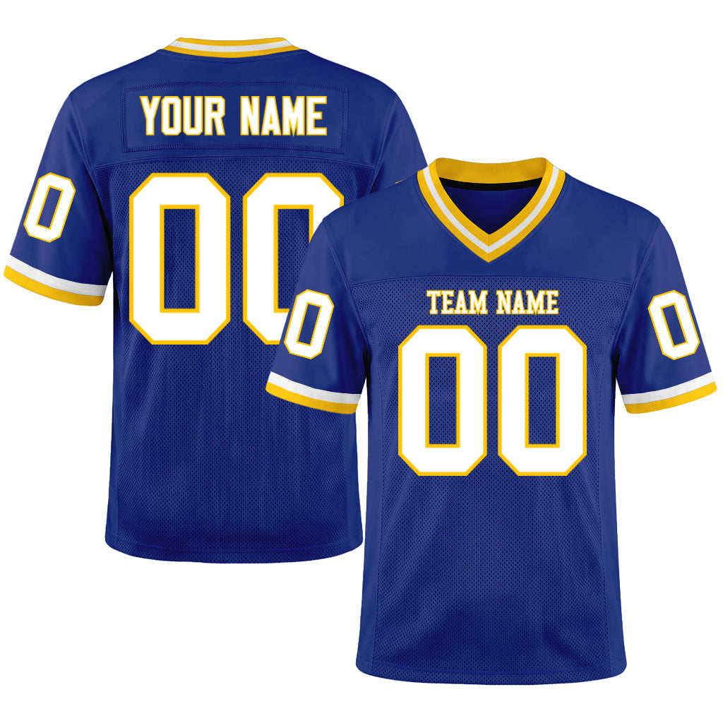 Custom Royal White-Gold Mesh Football Jersey