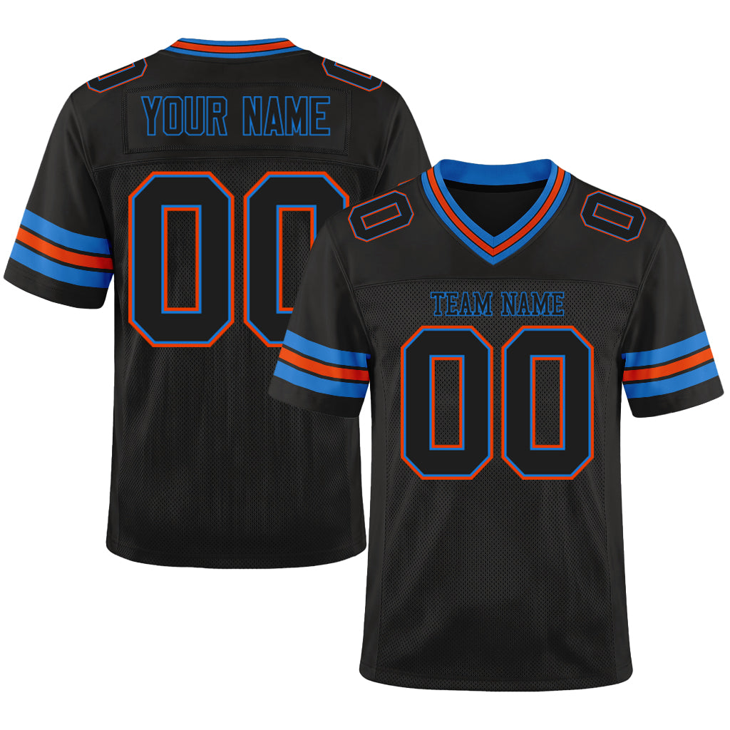 Custom Black Electric Blue-Orange Mesh Football Jersey