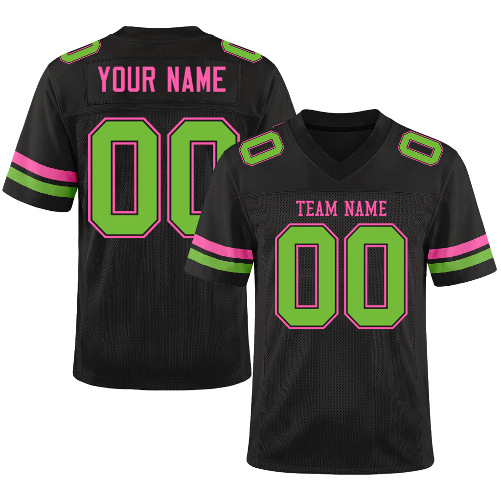 Custom Black Neon Green-Pink Mesh Football Jersey