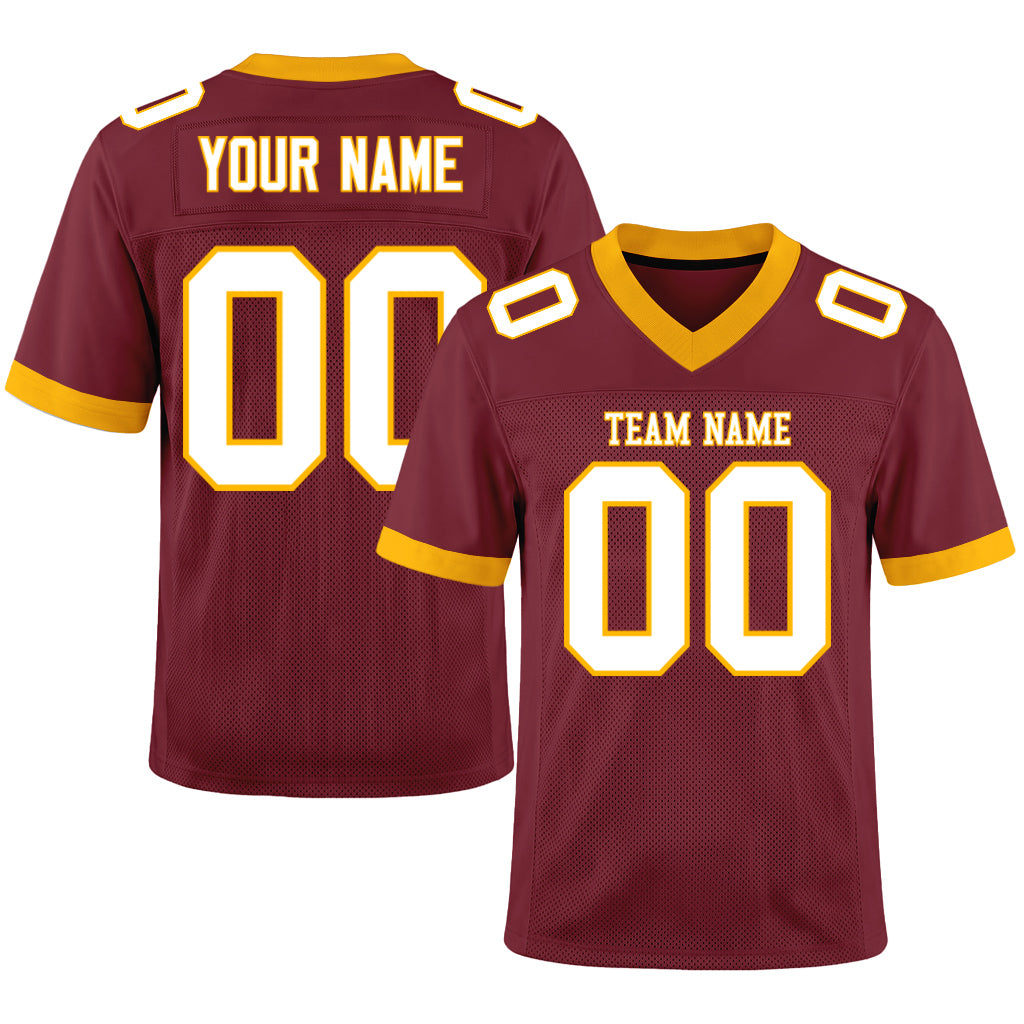Custom Burgundy White-Gold Mesh Football Jersey