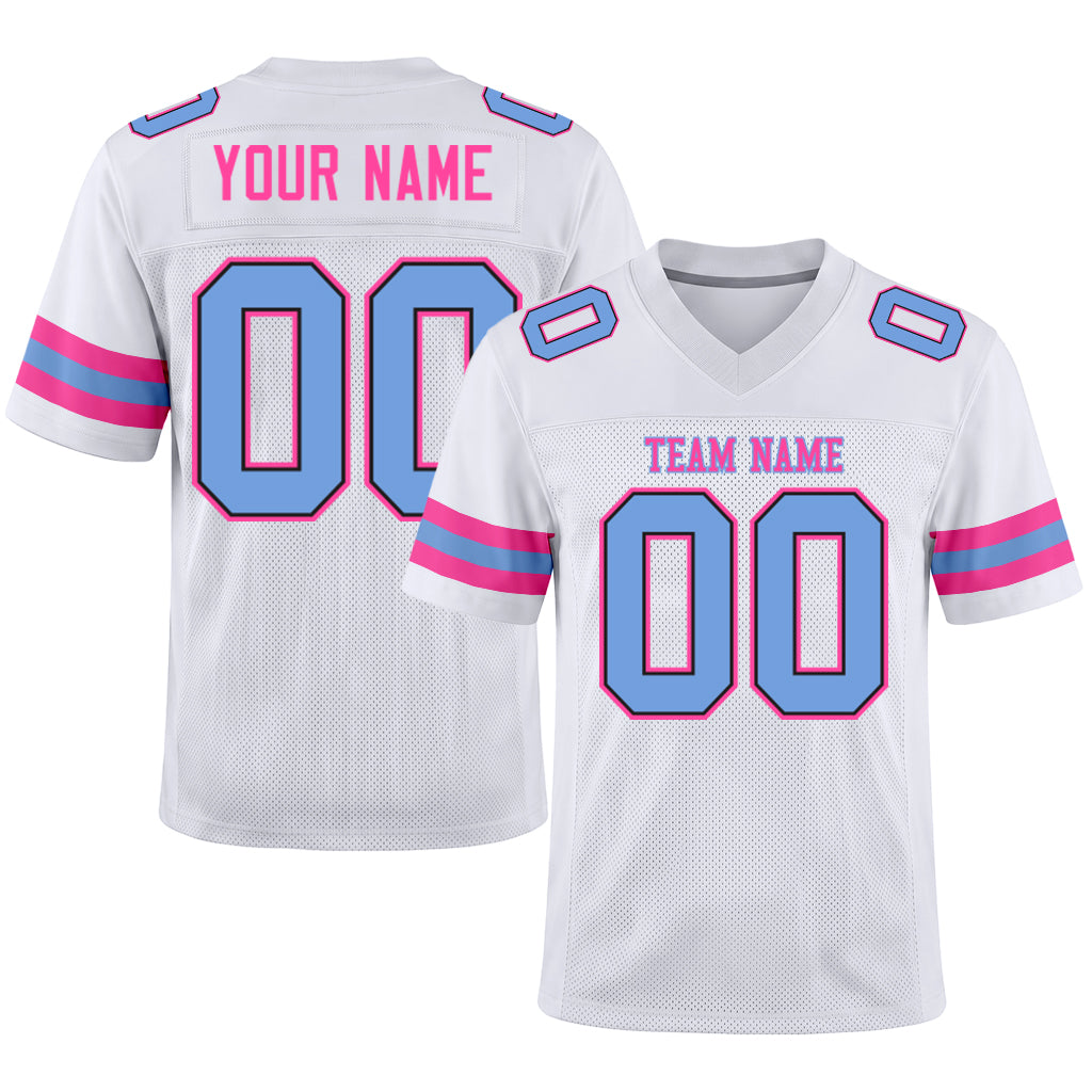 Custom White Light Blue-Pink Mesh Football Jersey