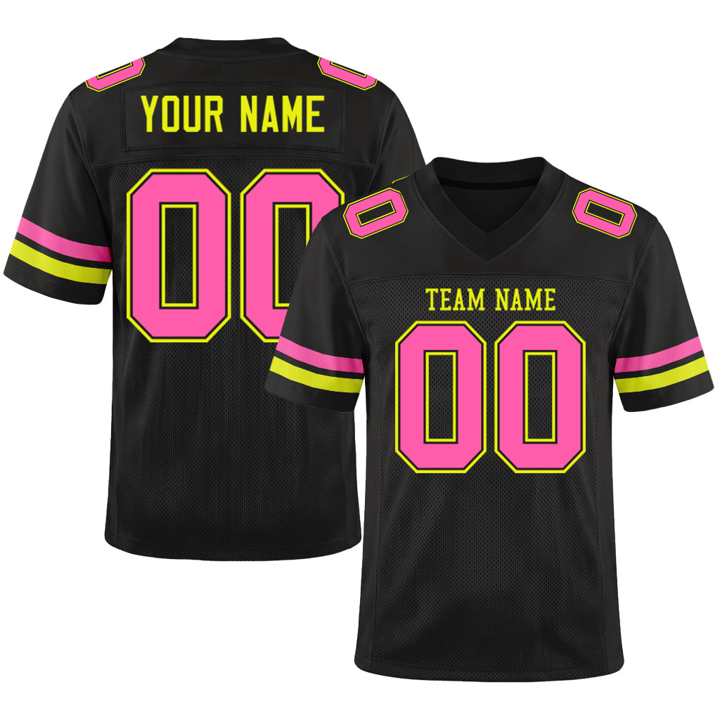 Custom Black Pink-Neon Yellow Mesh Football Jersey